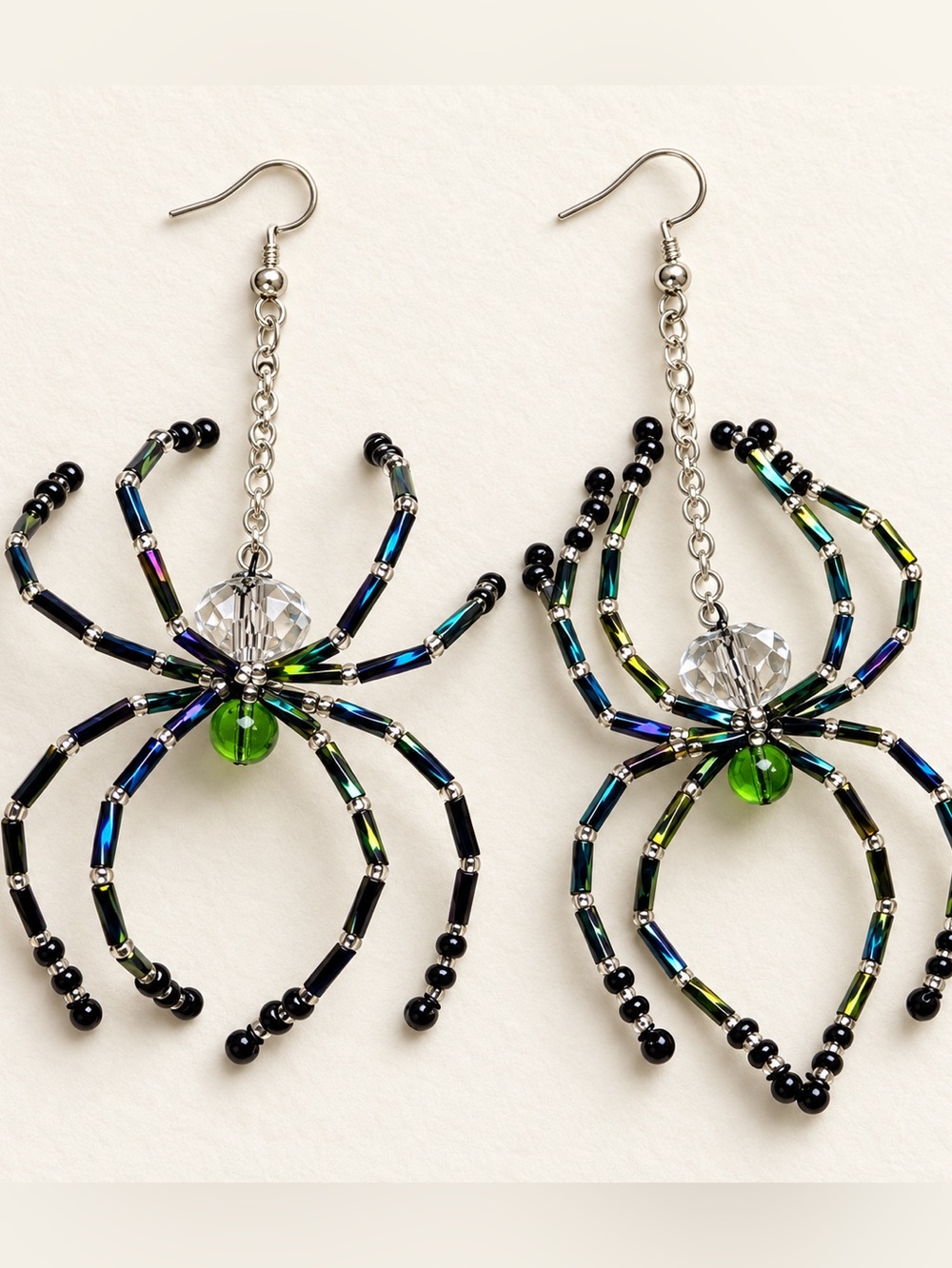 Spider Earrings Made With Green Glass Beads Artisan Designed - Picture 1 of 17